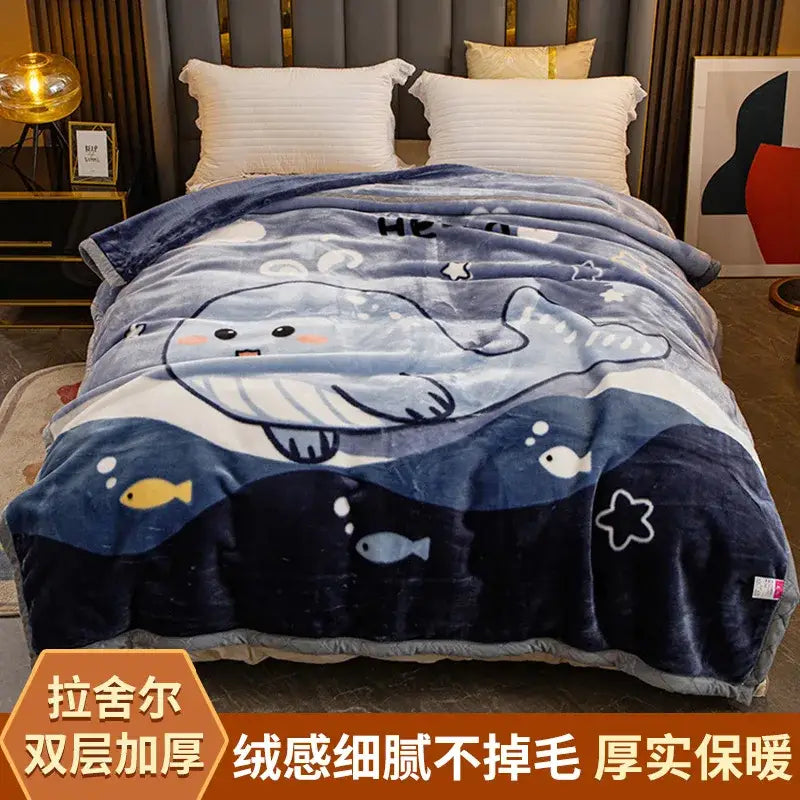 Blue plush raschel blanket with cute cartoon whale and fish design for decorbites winter raschel winter throw