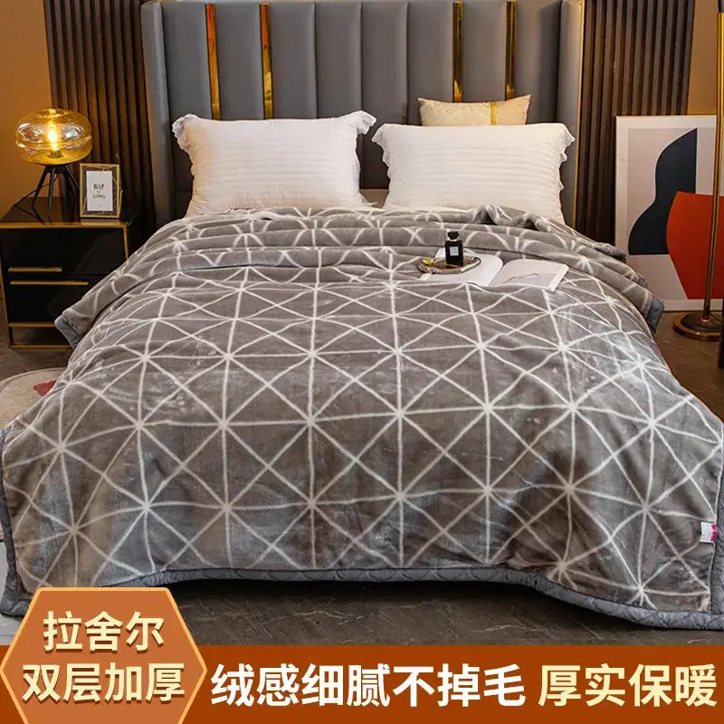 Gray plush raschel blanket with white geometric lattice pattern for decorbites winter raschel bedroom throw decor