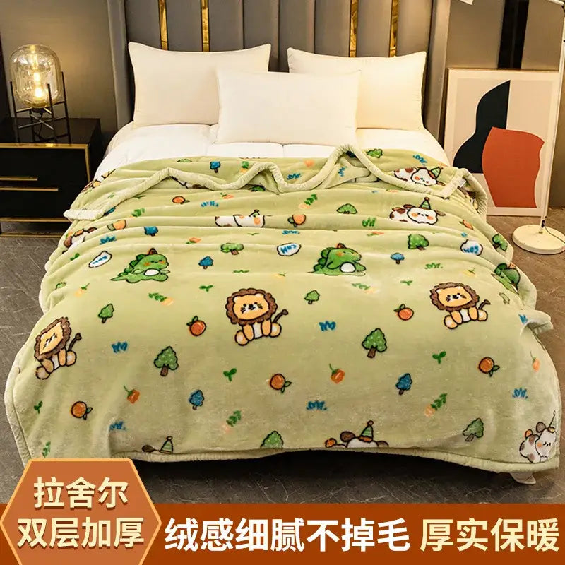 A soft light green plush raschel blanket with cartoon lions trees and fruits perfect as a decorbites winter raschel throw