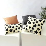 Cream-colored plush cushion cover with black white flower embroidery for living room decor by decorbites black white