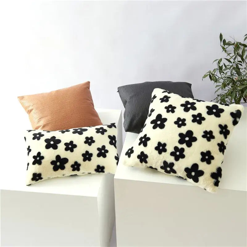 Cream-colored plush cushion cover with black white flower embroidery for living room decor by decorbites black white