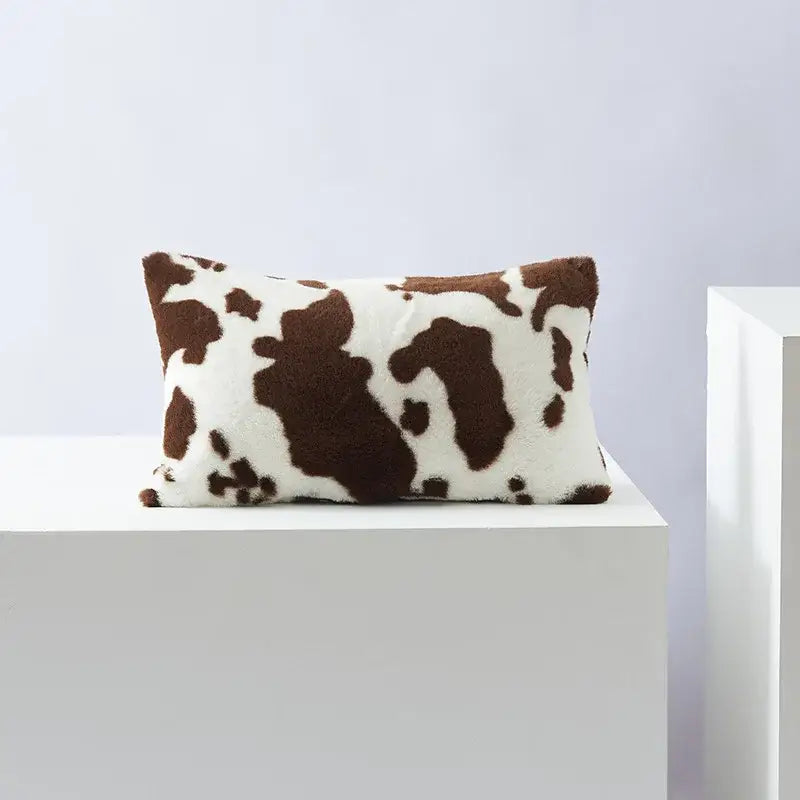 Plush rectangular cushion cover with brown white cow print soft faux fur for decorbites black white flower living room decor