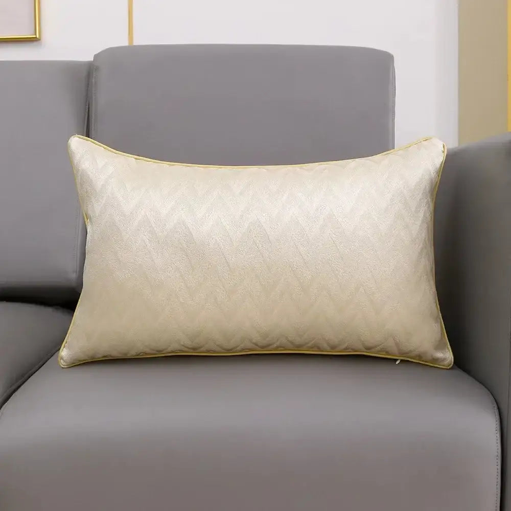 Cream-colored rectangular pillow with subtle zigzag quilting and gold piping complementing decorbites houndstooth cushion cover