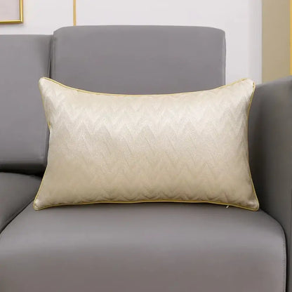 Cream-colored rectangular pillow with subtle zigzag quilting and gold piping complementing decorbites houndstooth cushion cover