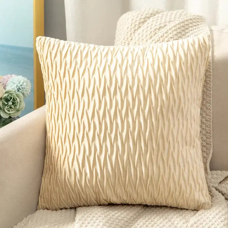 Cream-colored pillow with textured wavy pleated fabric designed as a decorbites houndstooth cushion cover