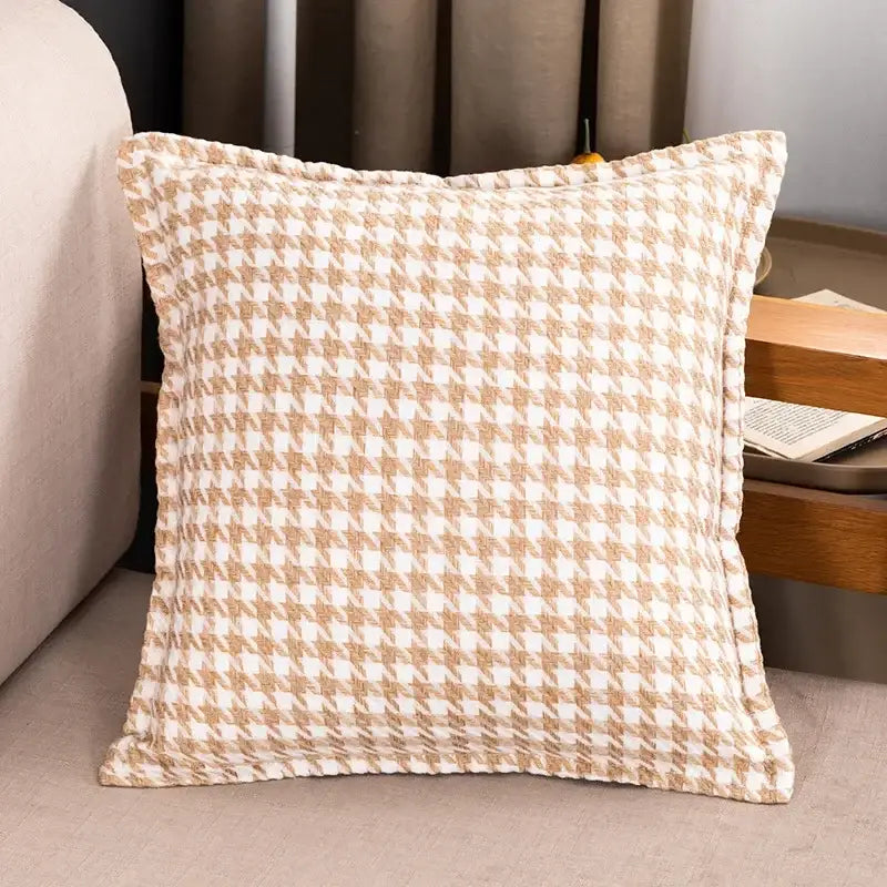 Beige and white houndstooth cushion cover with textured woven fabric decorbites houndstooth cushion for bedroom decor