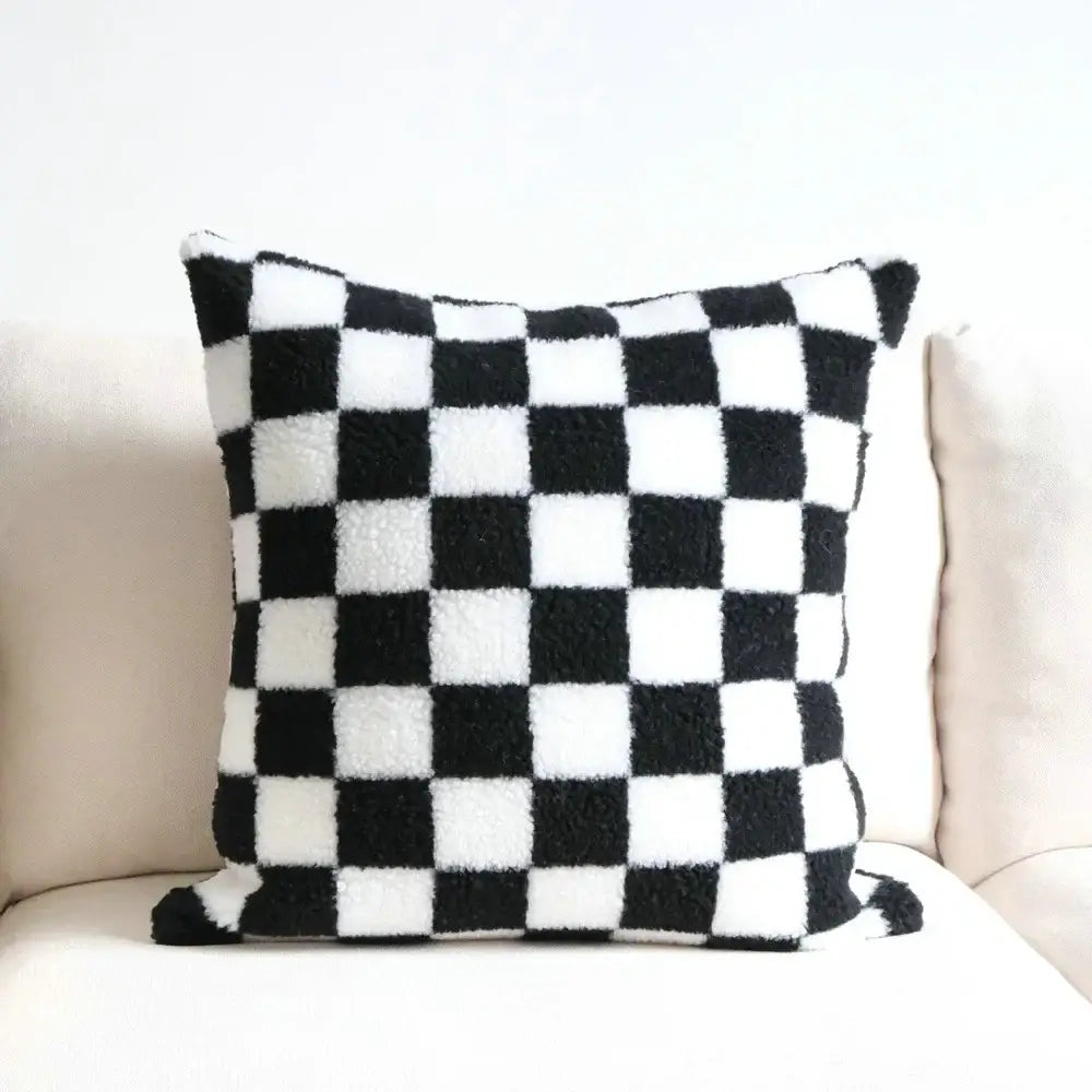 Plush black and white houndstooth cushion cover with fuzzy texture perfect as a decorbites houndstooth cushion for bedroom decor