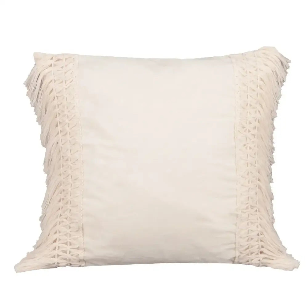 Cream-colored square cushion cover with textured fringed edges and woven pattern complementing decorbites houndstooth cushion