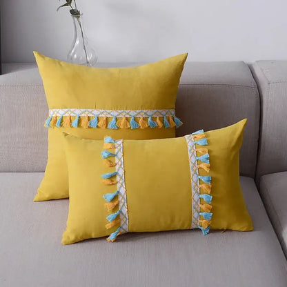 Plush black and white houndstooth cushion cover with vibrant mustard-yellow tassel throw pillows for decorbites houndstooth cushion decor