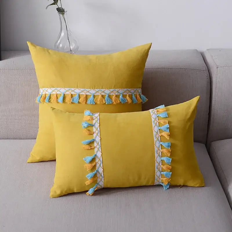 Plush black and white houndstooth cushion cover with vibrant mustard-yellow tassel throw pillows for decorbites houndstooth cushion decor
