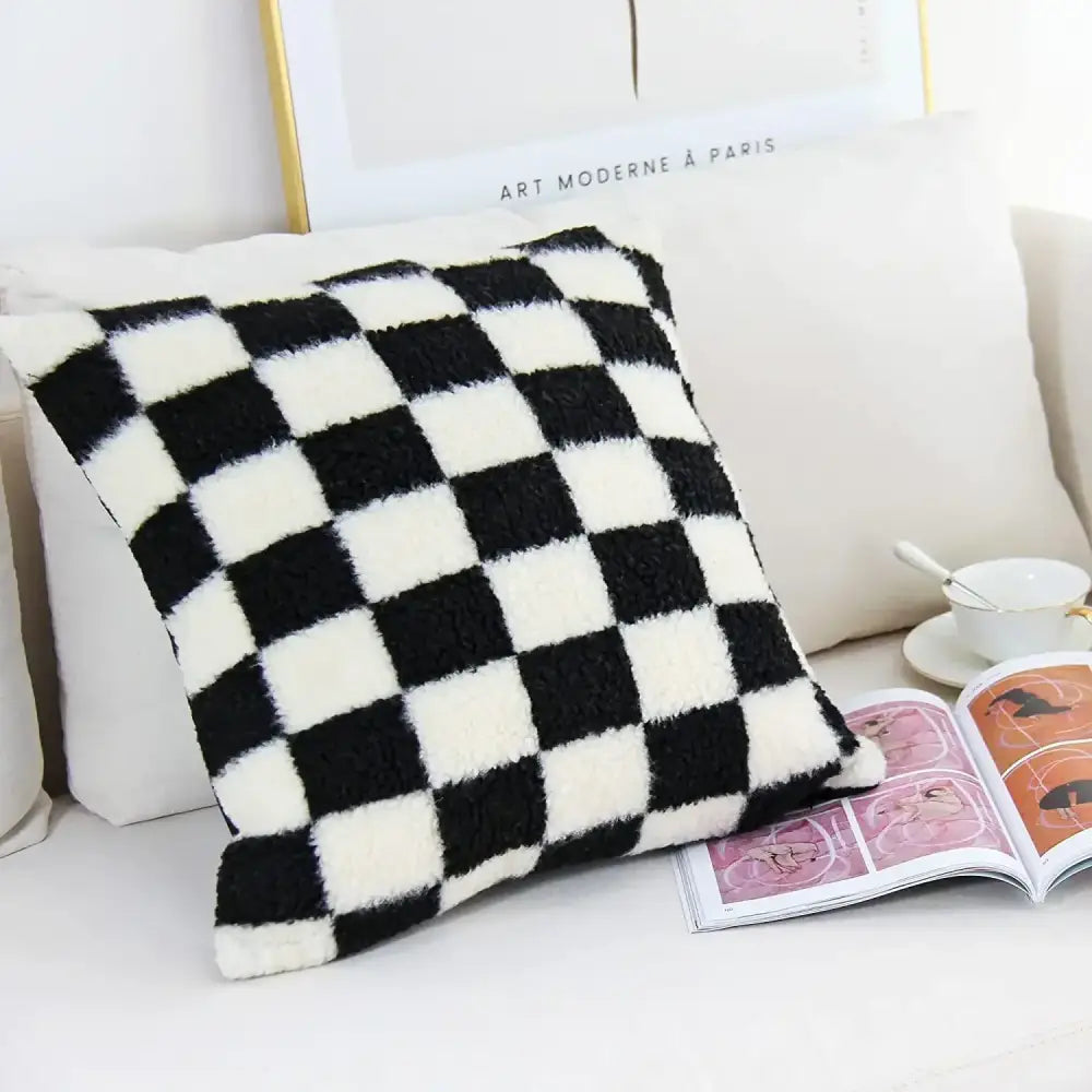 Plush black and white houndstooth cushion cover with fuzzy texture for stylish decorbites houndstooth cushion decor