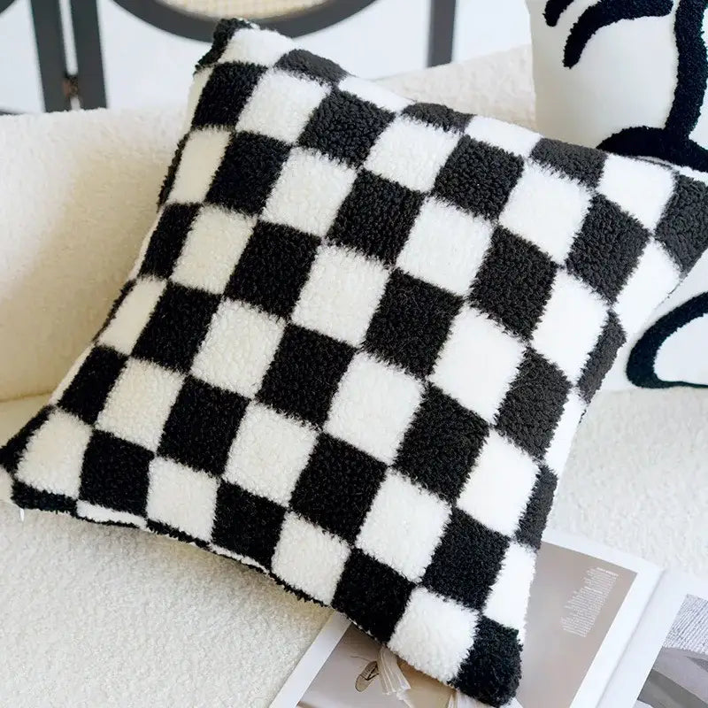 Plush black and white houndstooth cushion cover with a fuzzy texture perfect for decorbites houndstooth cushion decor