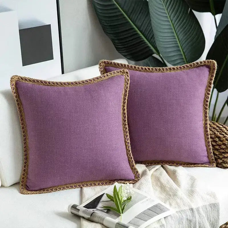Plush black and white houndstooth cushion cover with purple linen throw pillows featuring woven brown trim decorbites houndstooth cushion