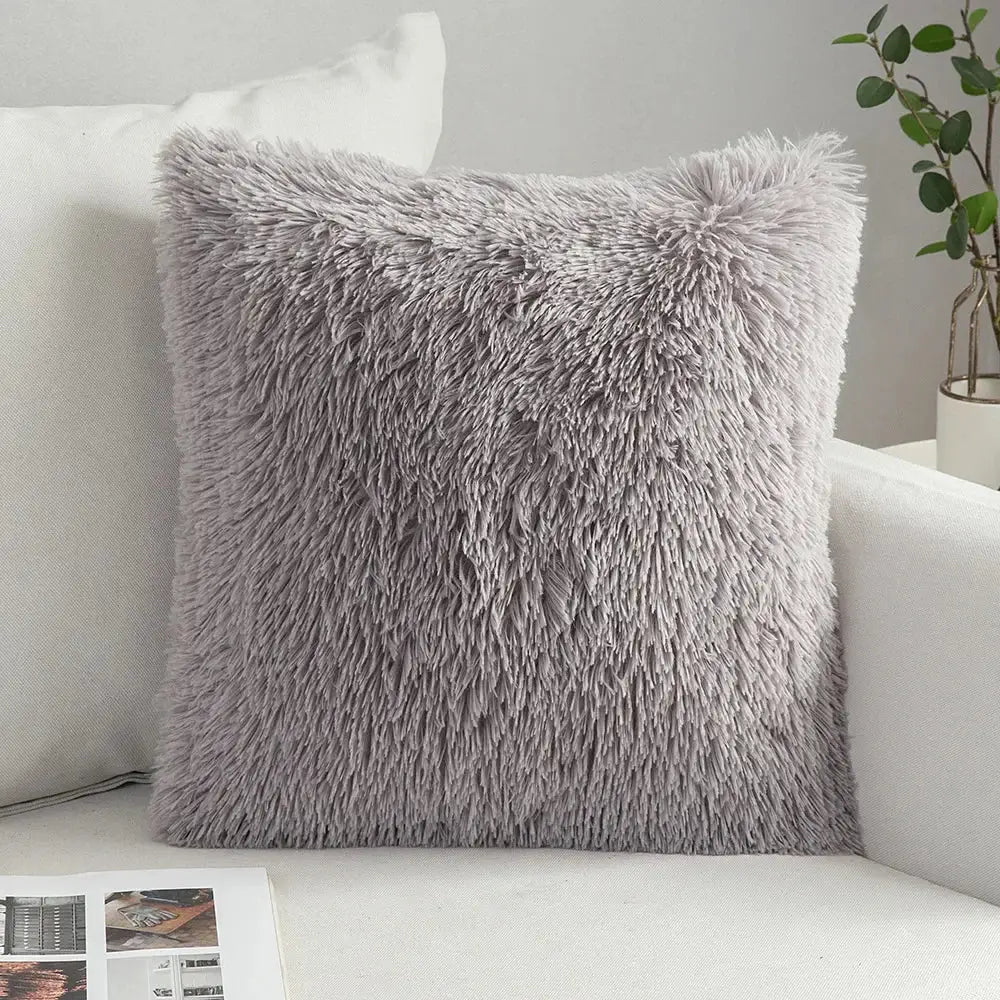 Plush light gray faux fur throw pillow with soft shaggy texture for decorbites houndstooth cushion cover bedroom use