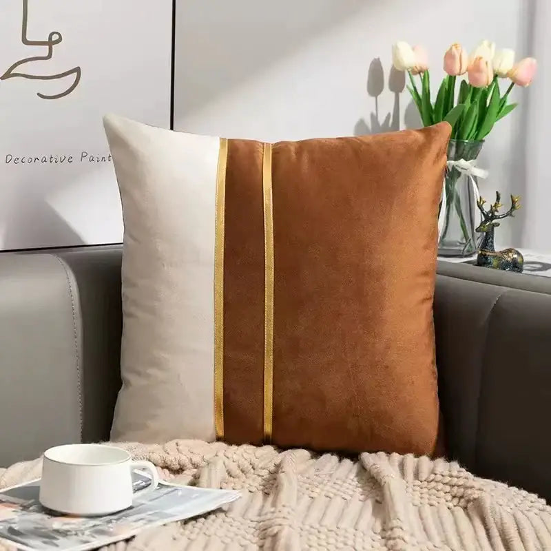 A cozy square cushion cover with beige velvet and brown suede split design and gold stripes enhancing decorbites houndstooth cushion
