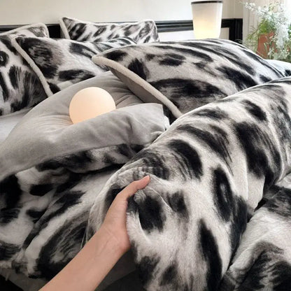 Plush black and white leopard-print bed set with soft velvety texture featuring decorbites cozy rabbit hair material