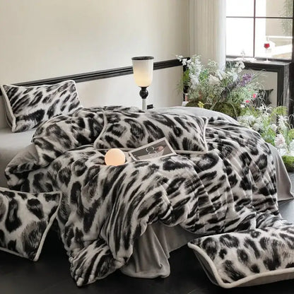 Plush black and white leopard print cozy rabbit hair bed set with matching pillows decorbites cozy rabbit hair decor