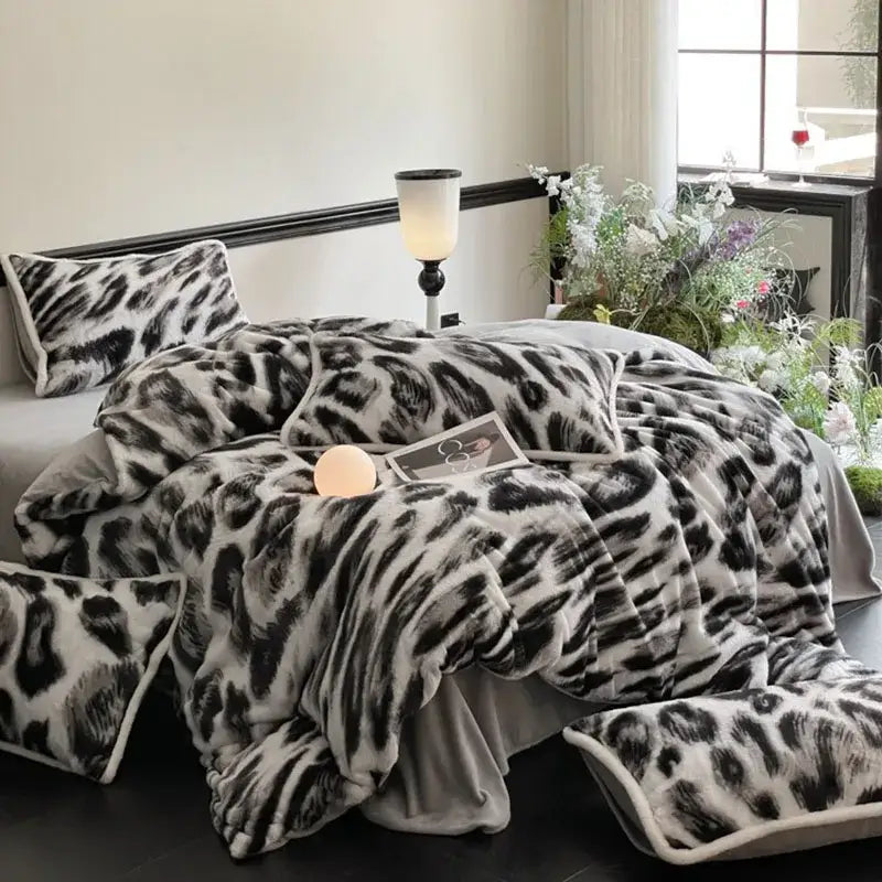 Plush black and white leopard print cozy rabbit hair bed set with matching pillows decorbites cozy rabbit hair decor