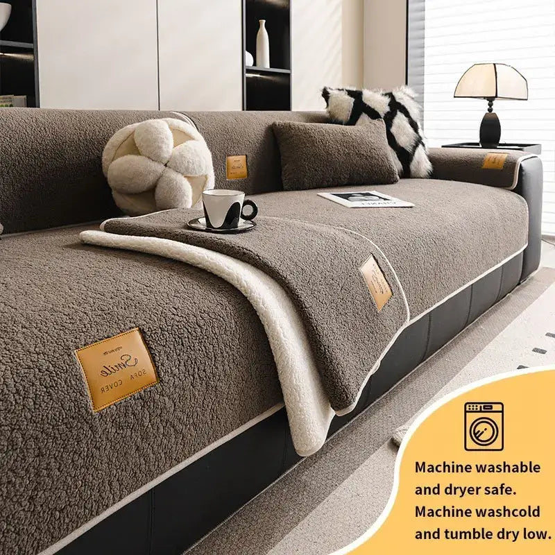 Plush brown and cream lamb fleece sofa mat with soft plush texture for living room cover