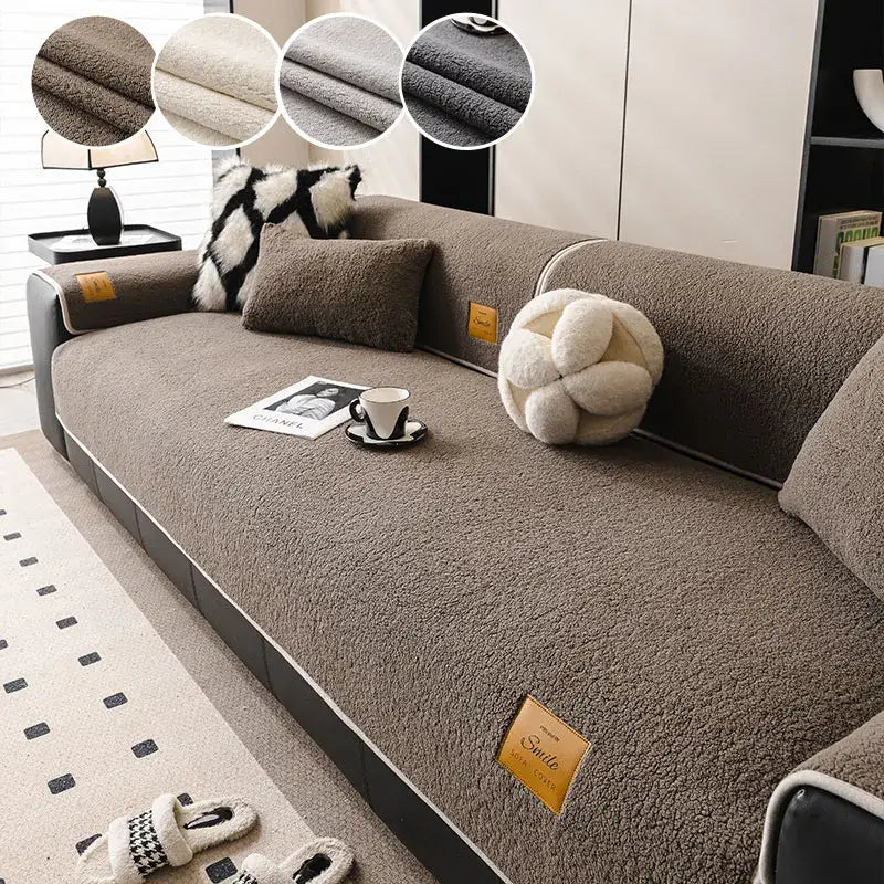 Plush brown and cream lamb fleece sofa mat cover with soft textured surface and subtle white piping for living room sofa
