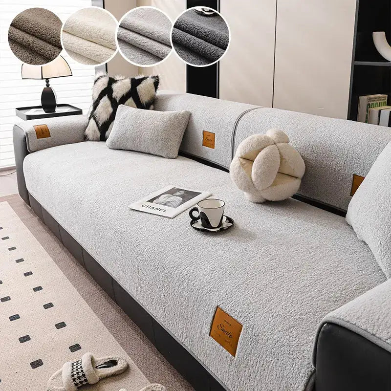 Soft light gray plush sofa cover with textured fleece finish and brown leather-like patches for living room use