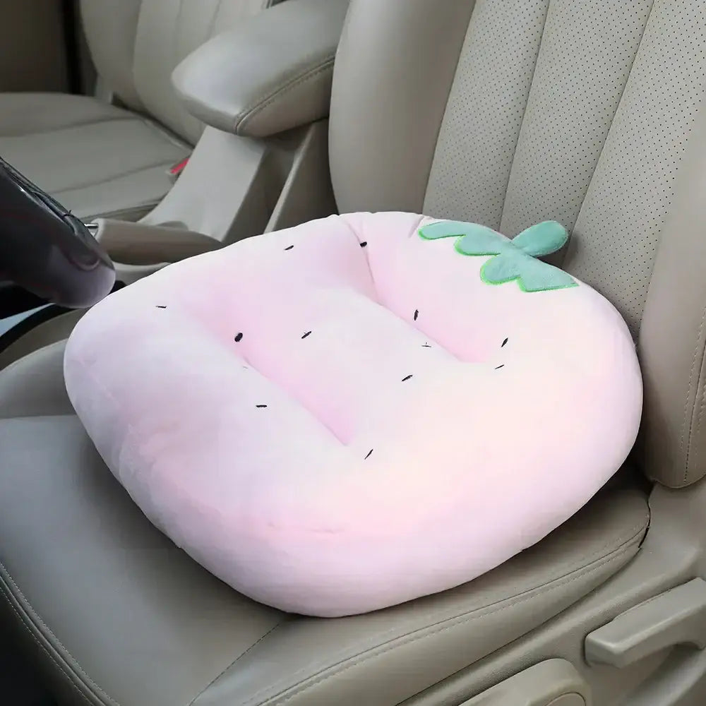 Pink strawberry-shaped plush cartoon car cushion with green leafy top and black seed details for decorbites cartoon car use