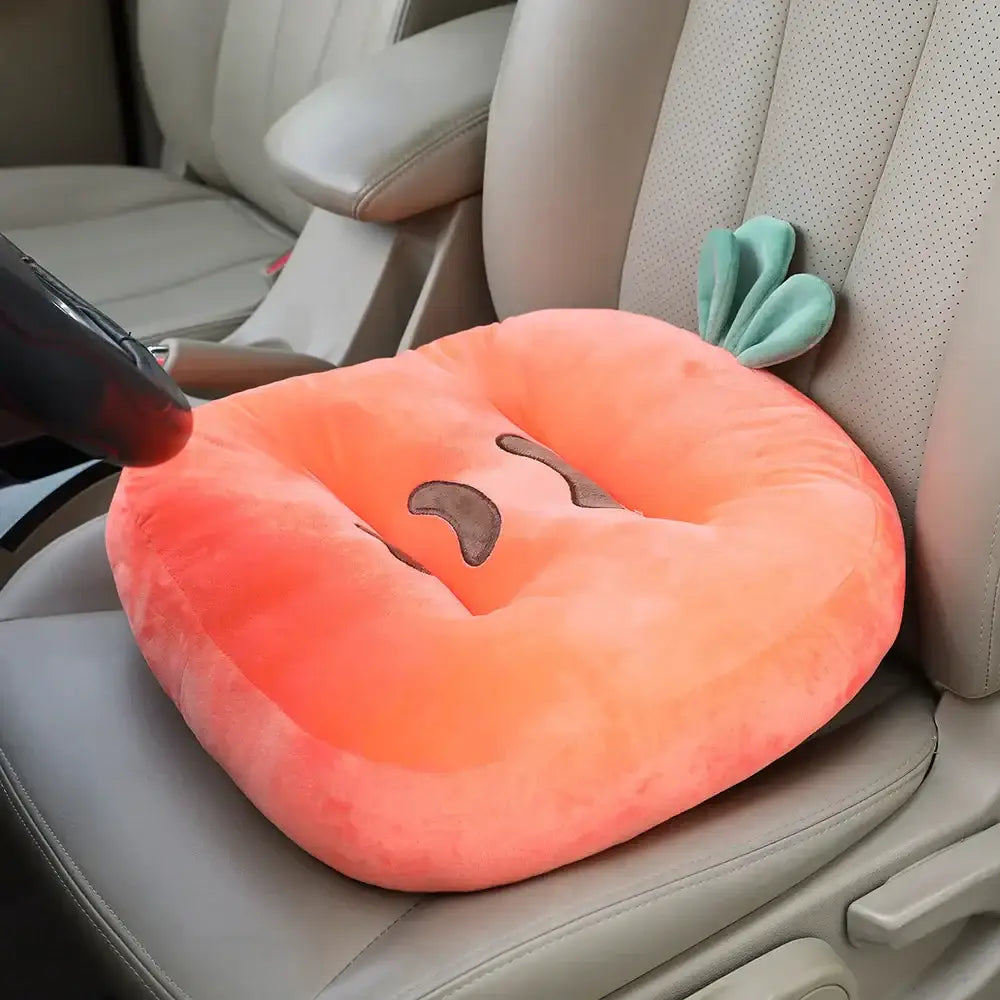 Plush orange carrot-shaped cartoon car cushion with embroidered face and green top for office chair or car cushion sofa decorbites