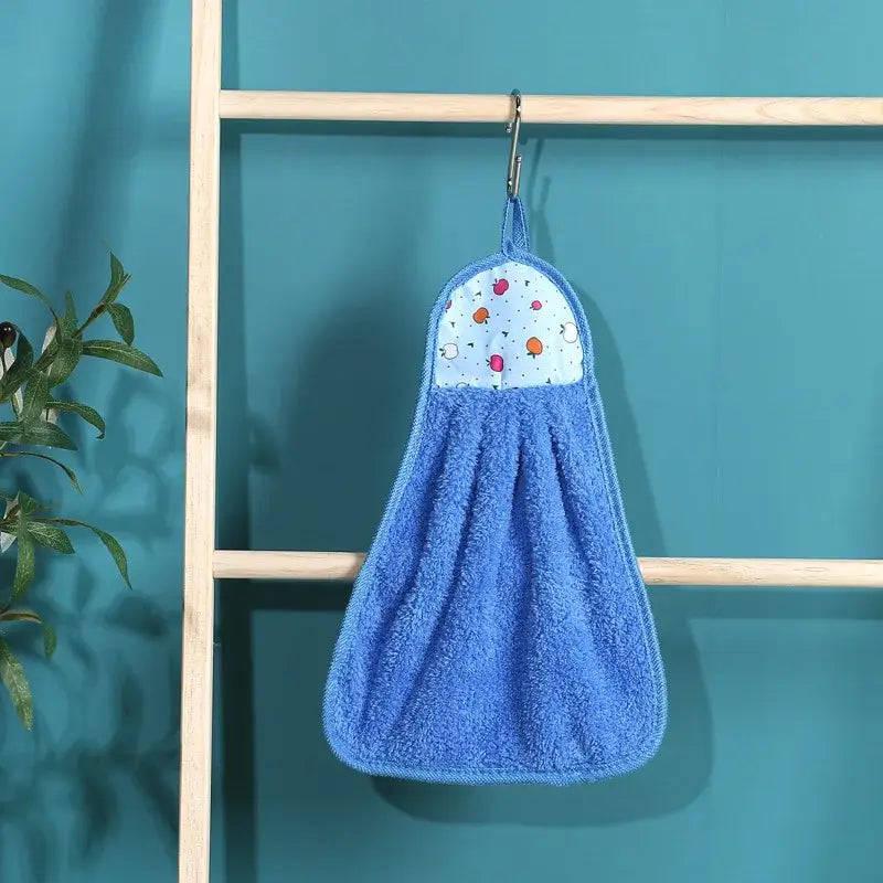 Blue plush coral velvet hand towel with colorful fruit patterned top for kitchen by decorbites coral velvet hand