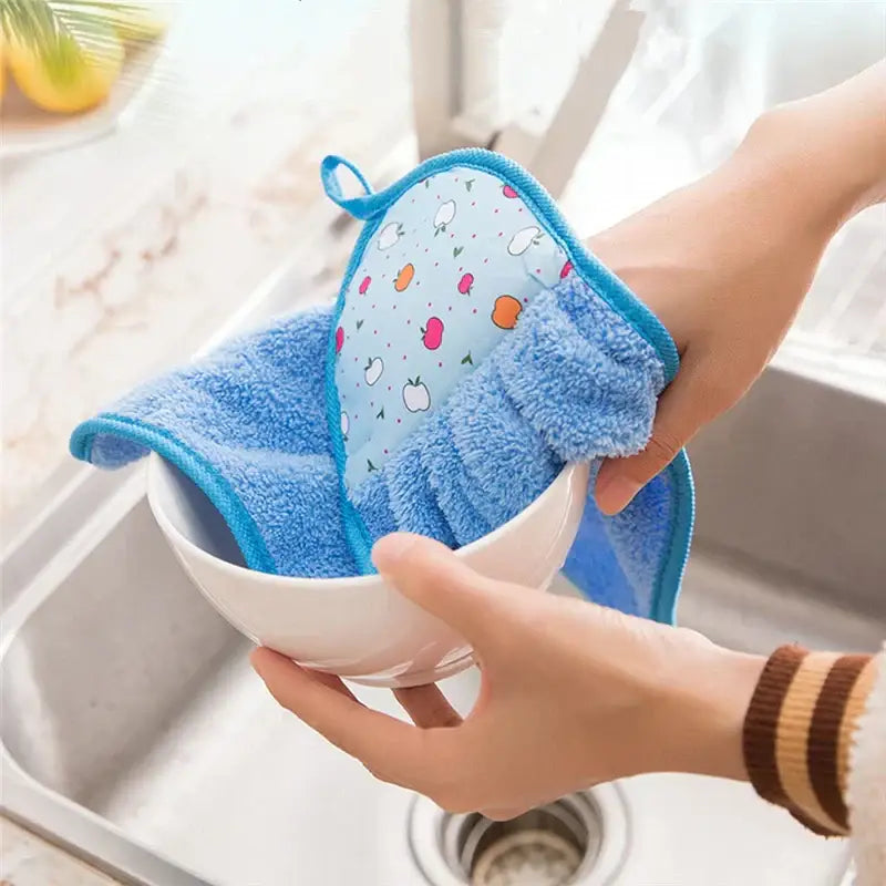 Plush decorbites coral velvet hand towel in blue with playful fruit pattern and soft microfiber texture for kitchen use
