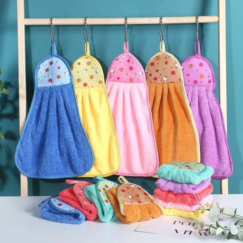 Plush colorful coral velvet hand towels with fruit-patterned tops in blue yellow pink orange and purple for kitchen use
