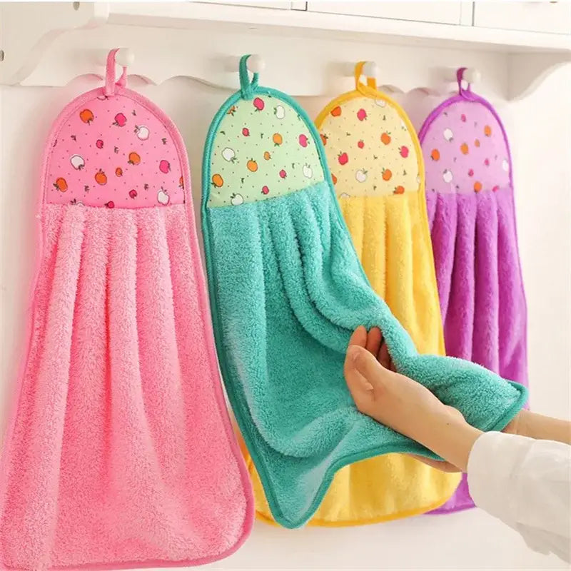 Pastel-colored, two-toned plush decorbites coral velvet hand towel with fruit-patterned top for kitchen use