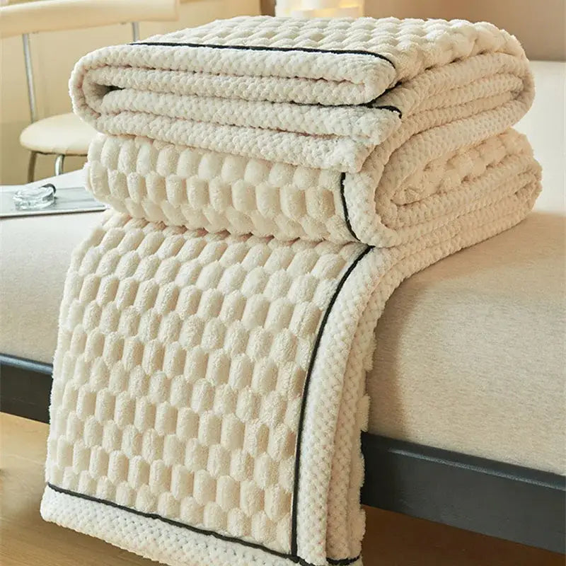 Plush cream and black cozy flannel fleece quilted throw blanket with black piping for bedroom decorbites cozy flannel