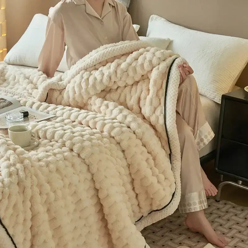 Cream-colored chunky knit throw blanket with plush texture and black trim cozy flannel fleece blanket decorbites cozy flannel