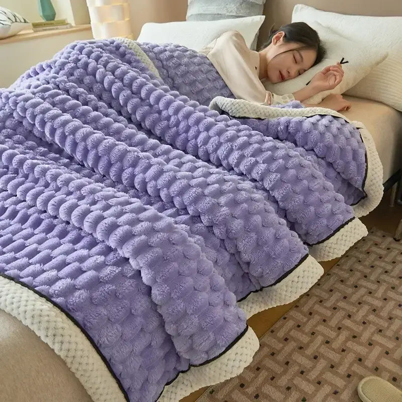 Plush cream and black cozy flannel fleece blanket with lavender textured pom-pom pattern and cream trim decorbites cozy flannel