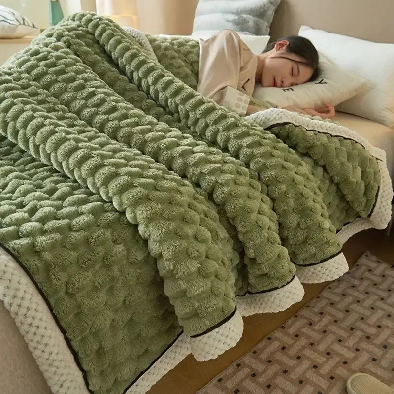Plush olive-green cozy flannel fleece blanket with white and black-trimmed border for bedroom decorbites decor