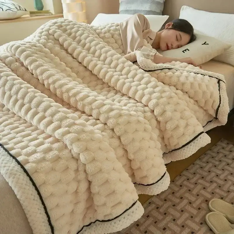 Plush cream and black textured flannel fleece blanket with chunky knit pattern and cozy flannel fleece trim for decorbites cozy flannel use