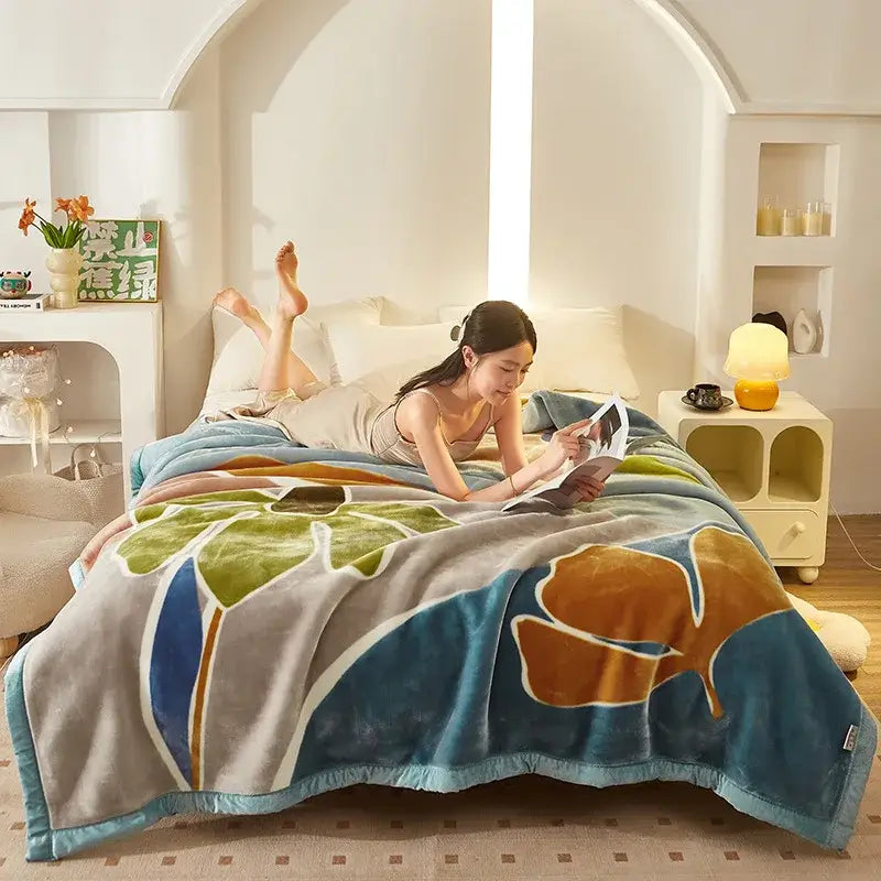 Soft plush double layer raschel blanket with vibrant teal olive and mustard floral pattern for bedroom throw use