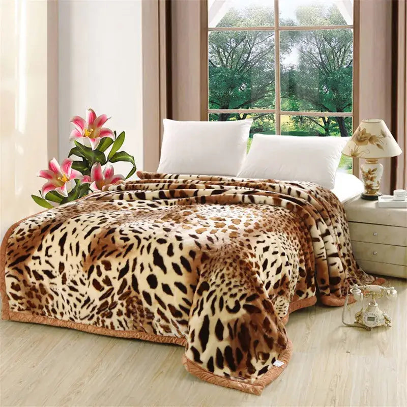 Plush cream and brown leopard print double layer raschel throw blanket for bedroom with soft geometric pattern