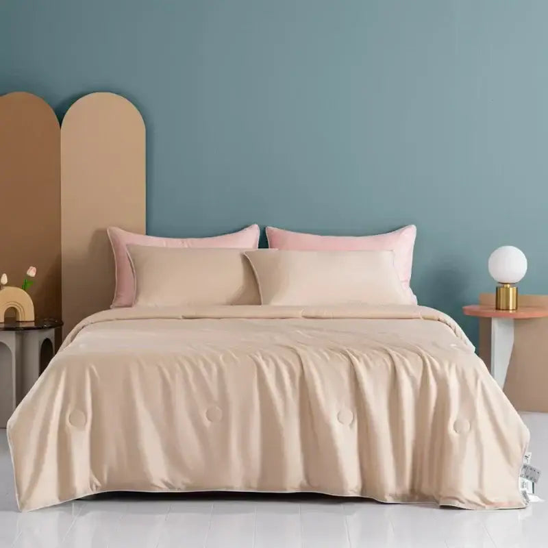 Beige satin decorbites cooling comforter with subtle circular embroidery for silky soft bedroom decor