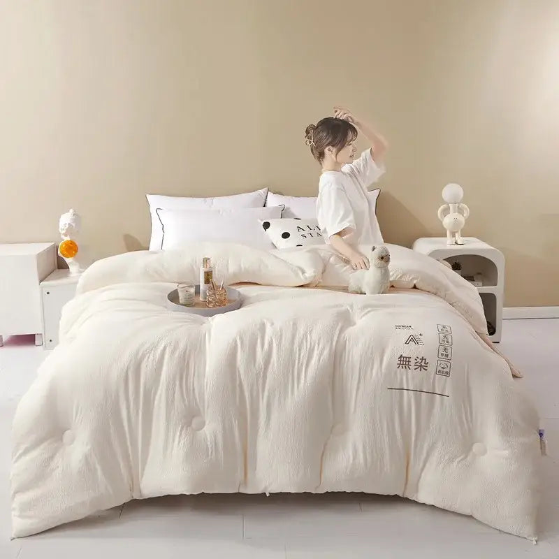 Plush cream cozy soy fiber quilt with soft textured surface and subtle tufted stitching for bedroom bedding decorbites cozy soy
