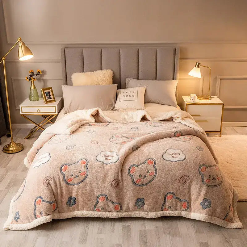 Plush cream floral fleece wool blanket with beige plush throw and embroidered cartoon bear faces for bedroom use