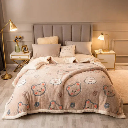 Plush cream floral fleece wool blanket with beige plush throw and embroidered cartoon bear faces for bedroom use