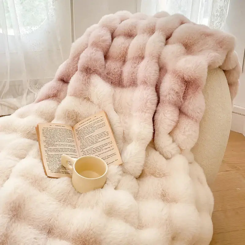 A plush cream and gradient pink double layer faux fur throw blanket with chunky knit texture for cozy decorbites decor