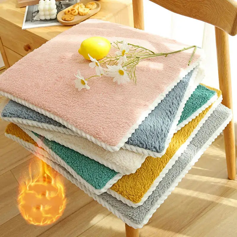 Stack of plush cream lamb’s wool chair cushions in pastel pink blue teal mustard and gray with white rope trim by decorbites cozy