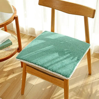 Teal plush wool chair cushion with white crocheted border for dining room decorbites cozy lambs wool comfort