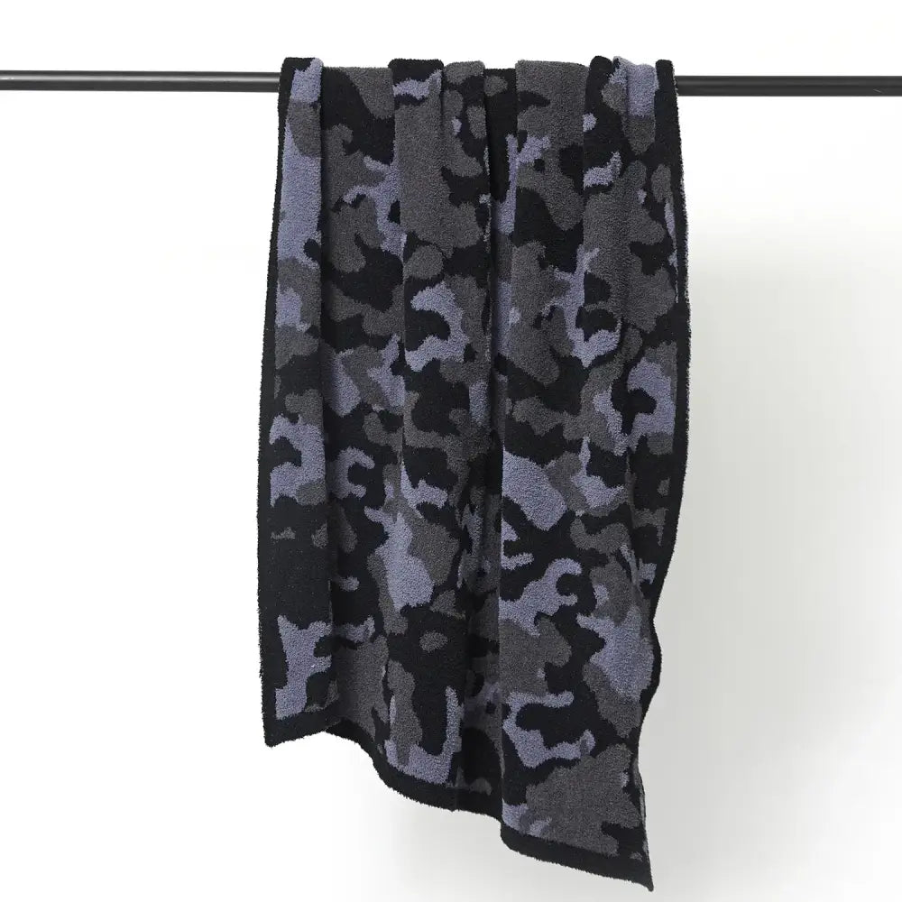 Plush dark gray and black camouflage knitted throw blanket with soft terry cloth texture perfect for bedroom decorbites decor