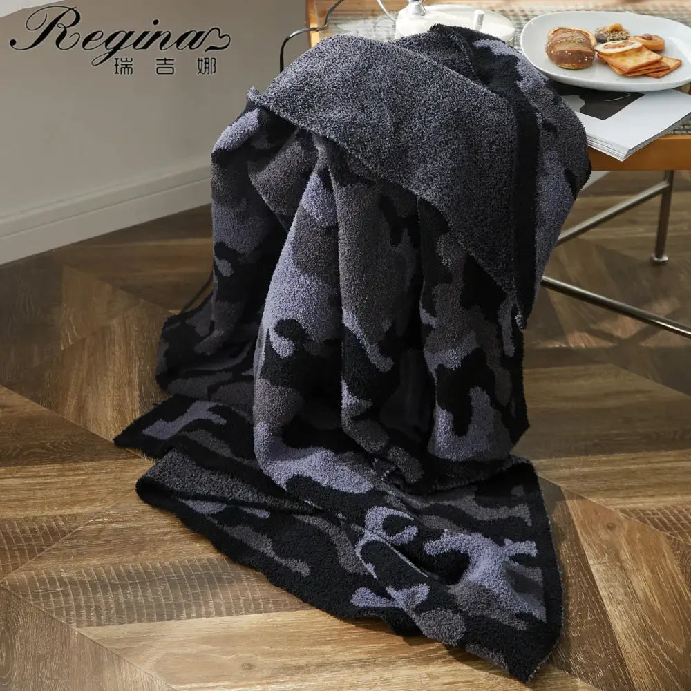 Plush dark gray and black decorbites camouflage knitted throw blanket with soft terry cloth texture for bedroom decor