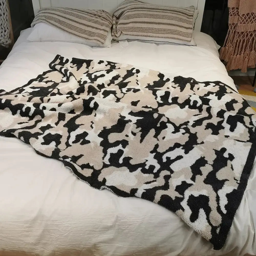 Plush dark gray and black camouflage knitted throw blanket with soft texture ideal for bedroom decorbites camouflage knitted use