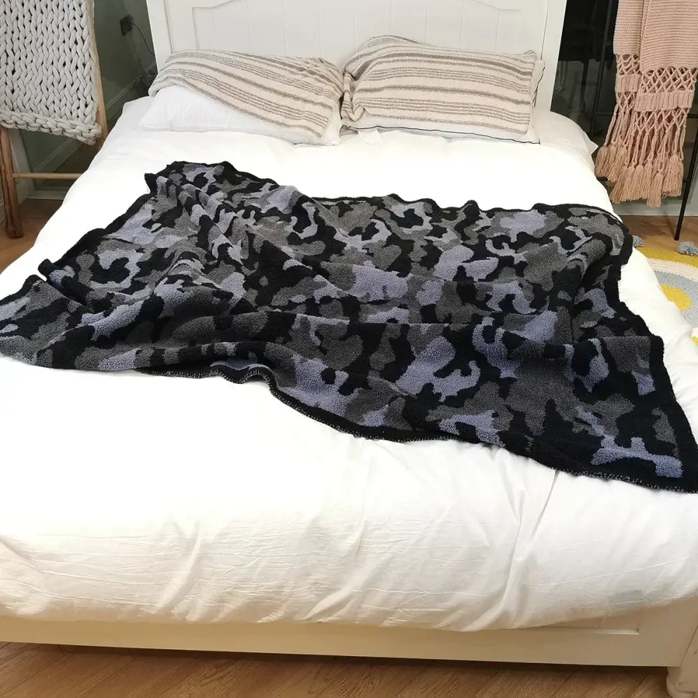 Plush dark gray and black camouflage knitted throw blanket with soft fuzzy texture for cozy bedroom decorbites camouflage knitted throw blanket