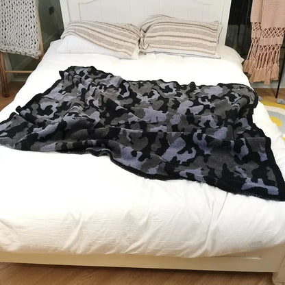 Plush dark gray and black camouflage knitted throw blanket with soft fuzzy texture for cozy bedroom decorbites camouflage knitted throw blanket